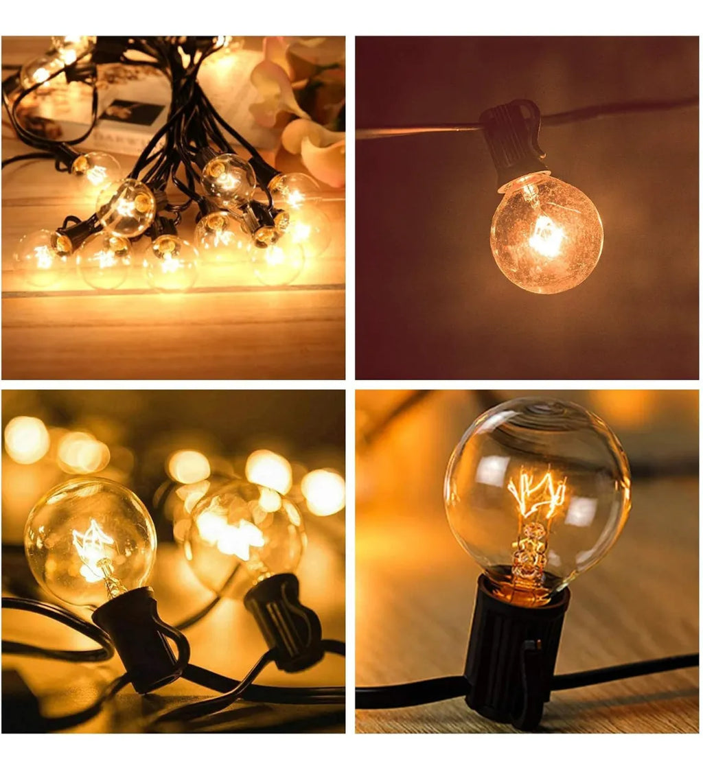 String lights with clear bulbs on a wooden surface, close-up of a single bulb, and string lights in use.