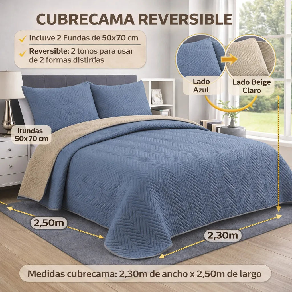 Reversible bedspread with blue and beige sides on a bed, showing measurements and product details.