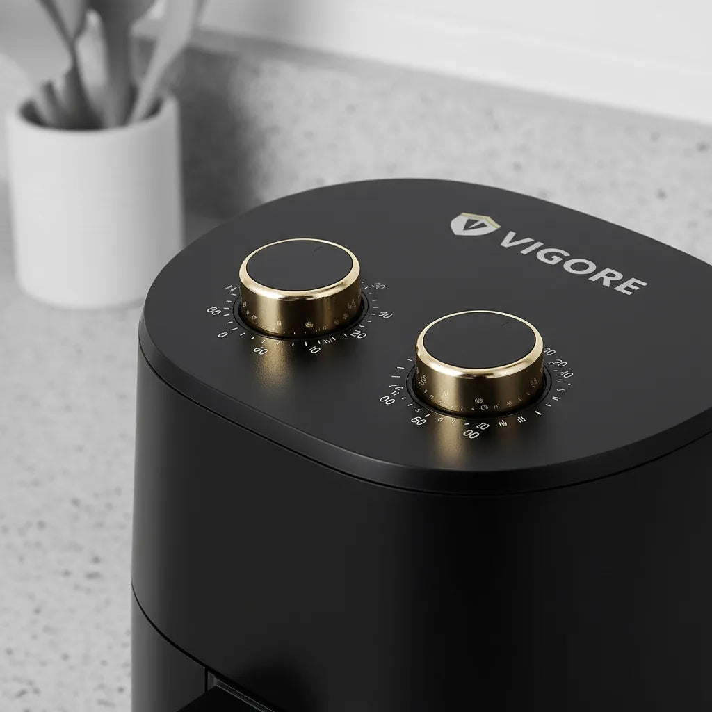 Black device with gold knobs featuring the brand 'Vigore' on a light gray surface.