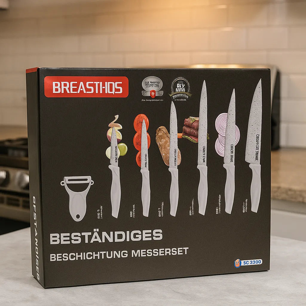 Box of Breasthos knives set on a kitchen counter