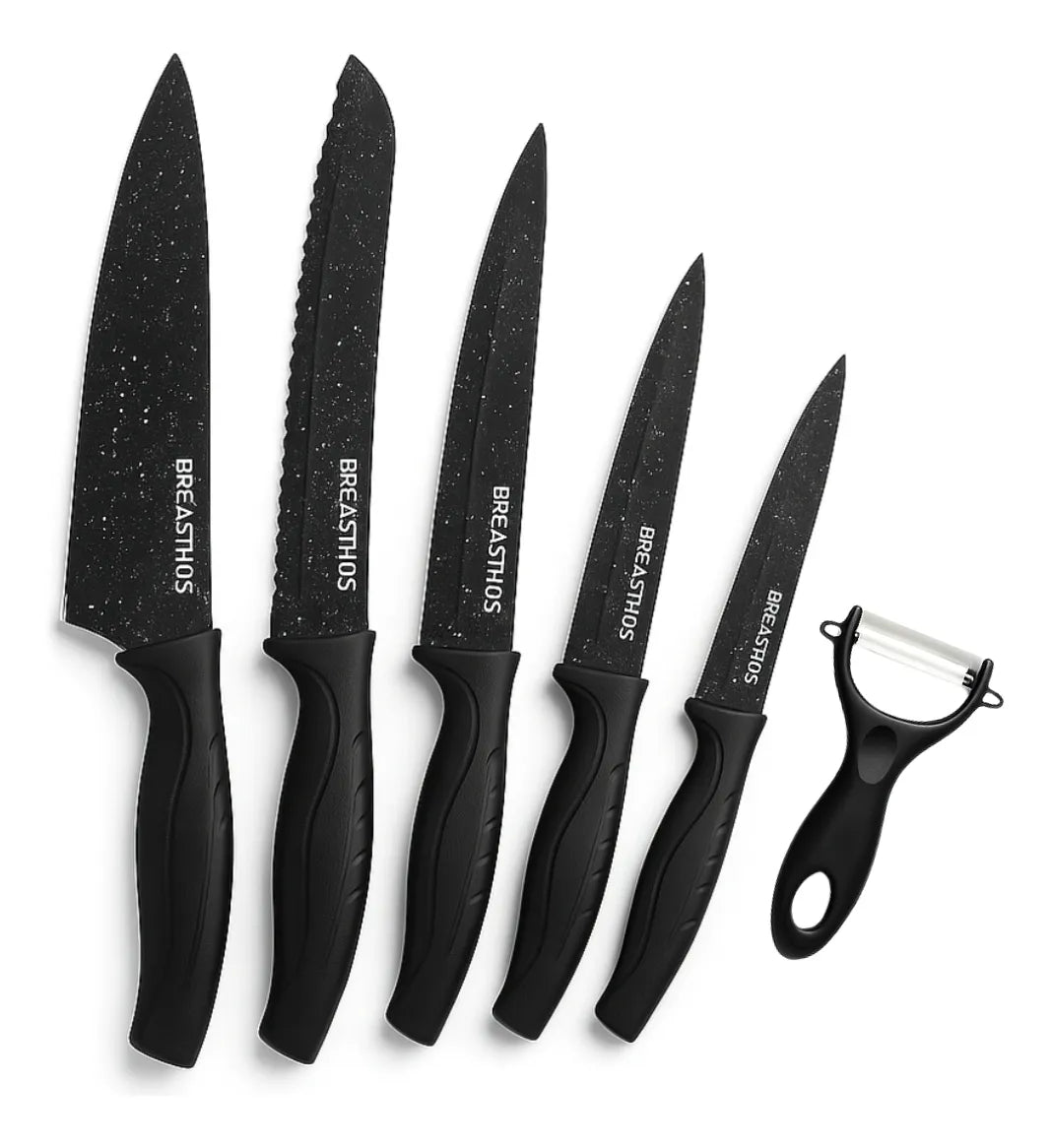 Set of black kitchen knives with 'Breatheus' branding on a white background
