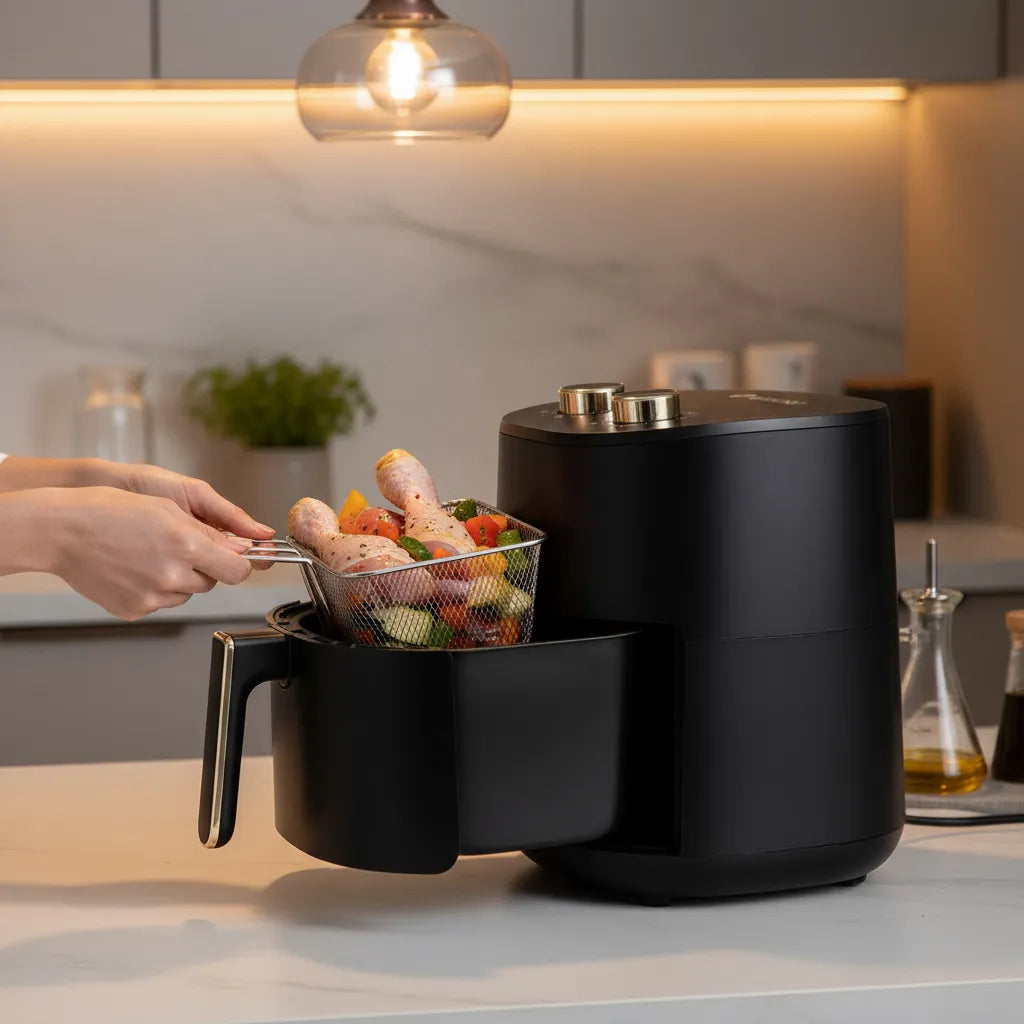 Person using a black air fryer with vegetables in a kitchen setting.