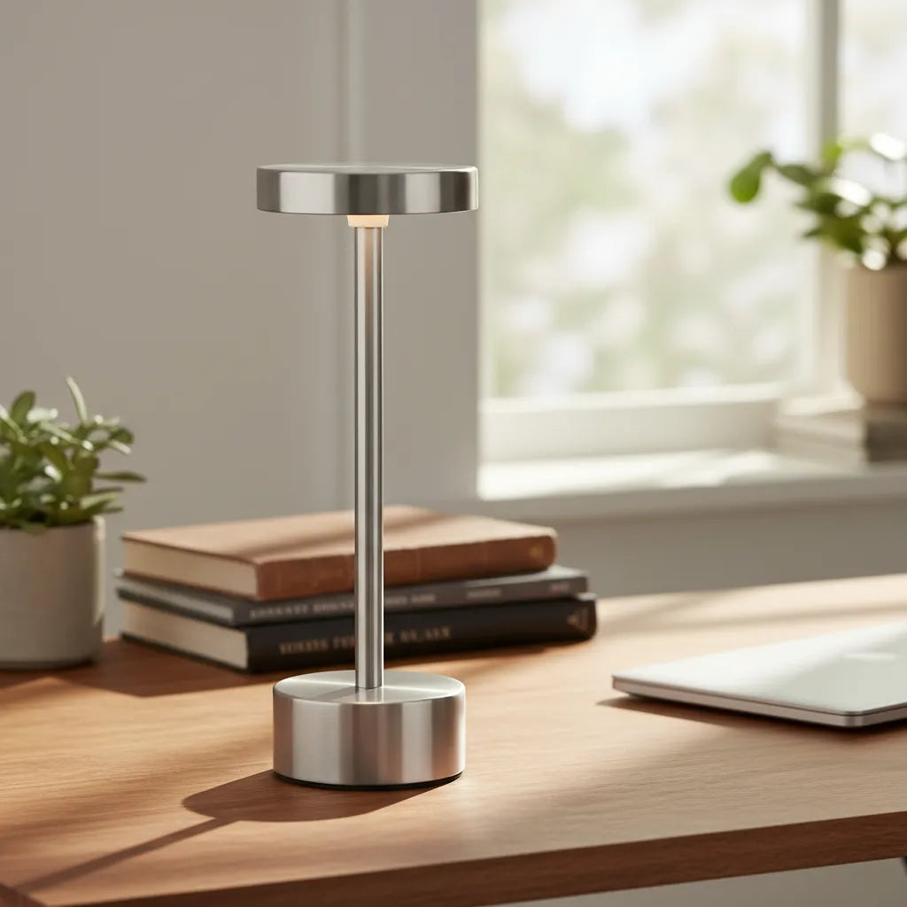 Silver desk lamp on a wooden surface with books and a laptop in a bright room.