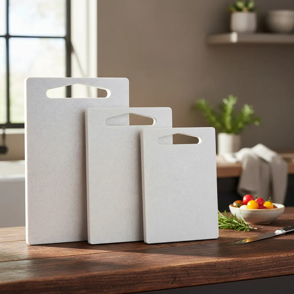Three white cutting boards of different sizes on a wooden surface with a kitchen background.