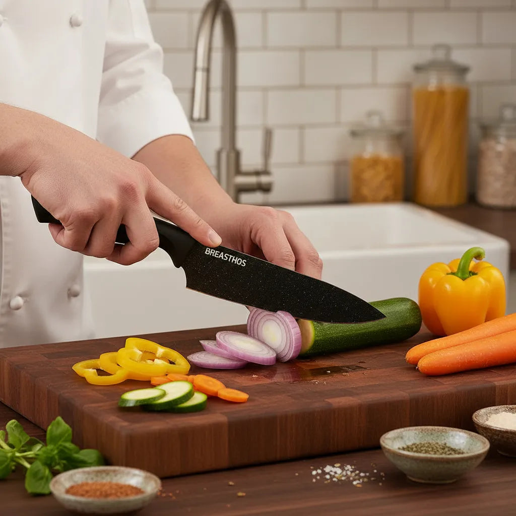 Person using a Breaththos knife to slice vegetables on a cutting board in a kitchen.