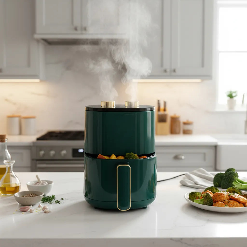 Green food steamer on a kitchen counter with vegetables and a plate of food.