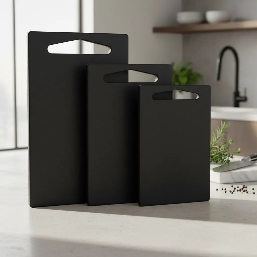 Three black cutting boards on a kitchen counter with a blurred background