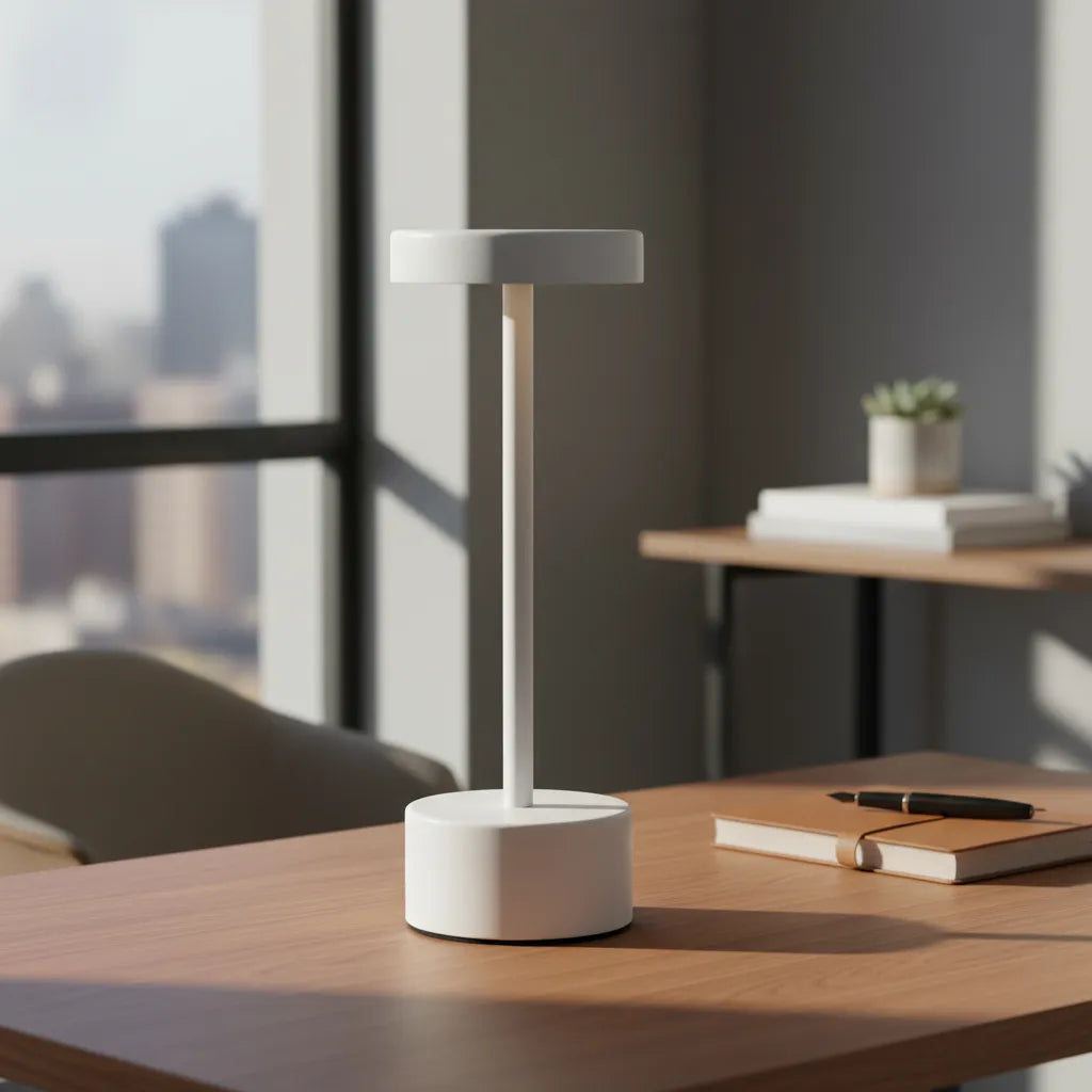 Imagen de una lámpara de mesa blanca, de diseño minimalista, colocada sobre un escritorio de madera. Al fondo se ve una ventana grande con luz natural y edificios desenfocados, y sobre el escritorio hay un cuaderno y una lapicera.