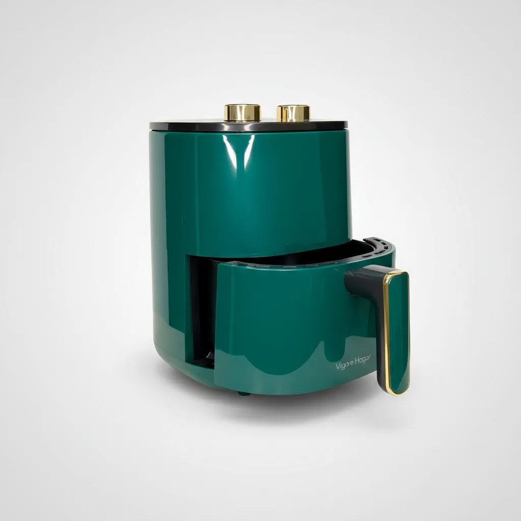 Green air fryer with gold accents on a white background