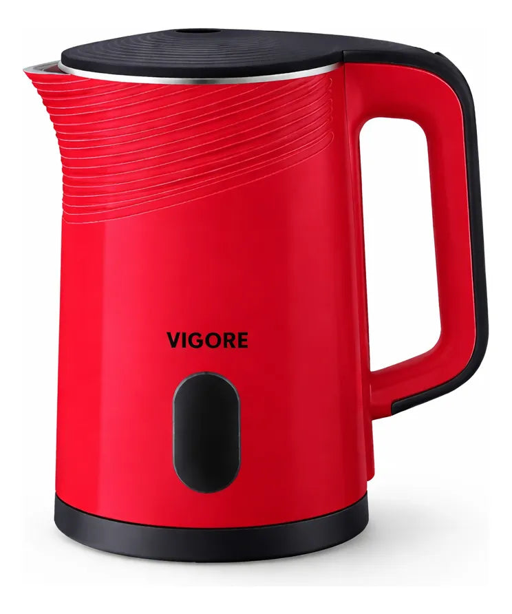Red electric kettle with black accents on a white background, branded 'Vigore'.