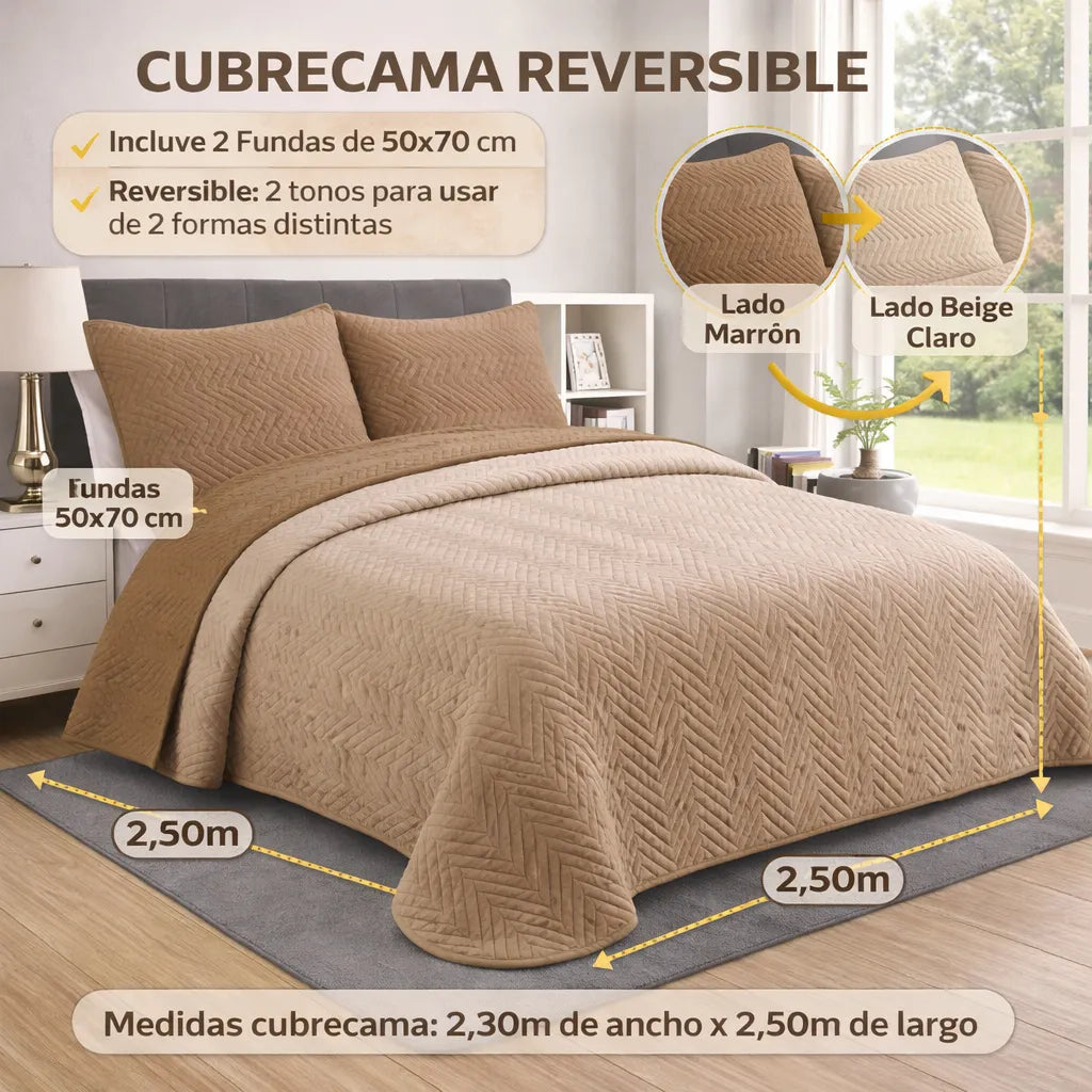 Beige reversible bedspread with measurements and product details on a bed in a bedroom setting.