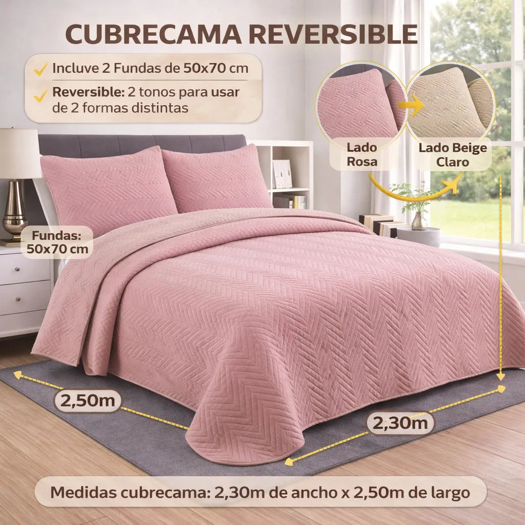 Reversible pink and beige quilt set with dimensions and features on a bed.