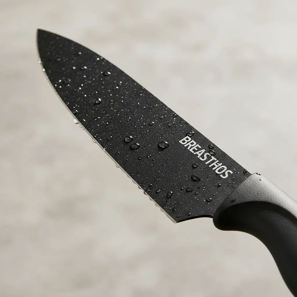 Black chef's knife with 'BREASTHOS' branding on a blurred background