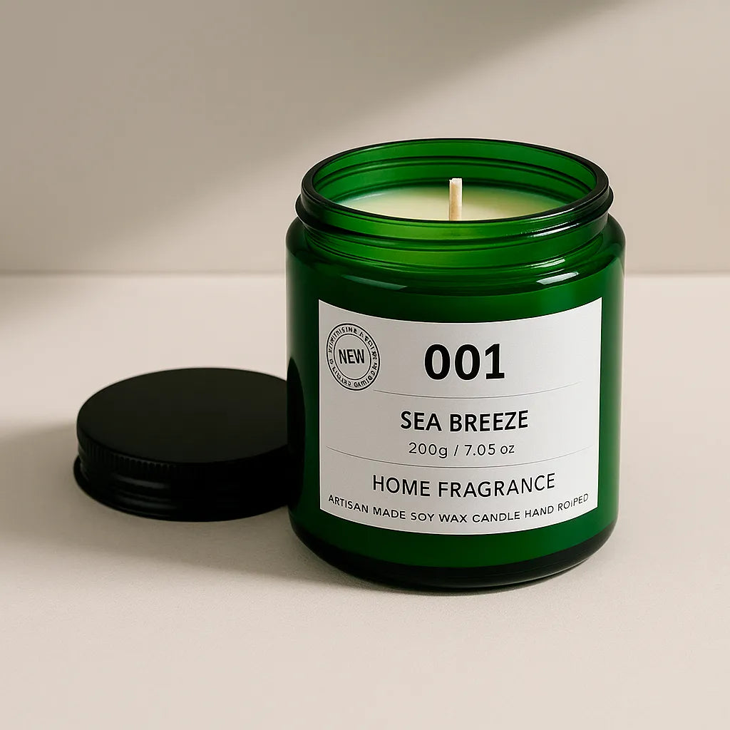 Green candle jar labeled '001 Sea Breeze' on a beige background