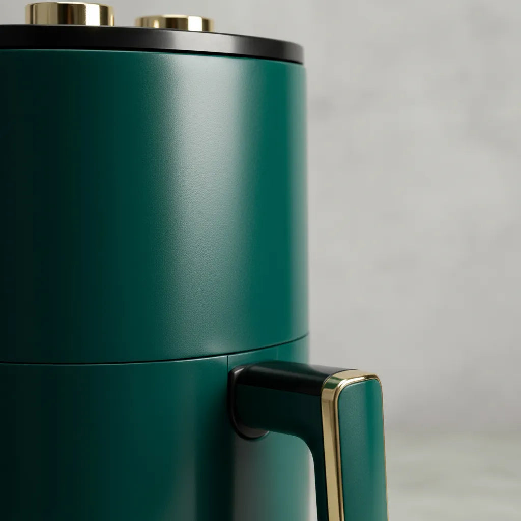 Green coffee press with gold accents on a light gray background