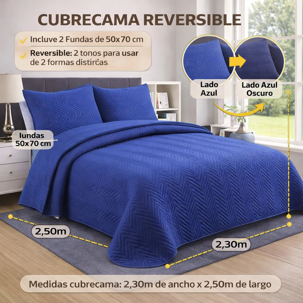 Blue reversible quilt with measurements and details on a bed in a bedroom setting.