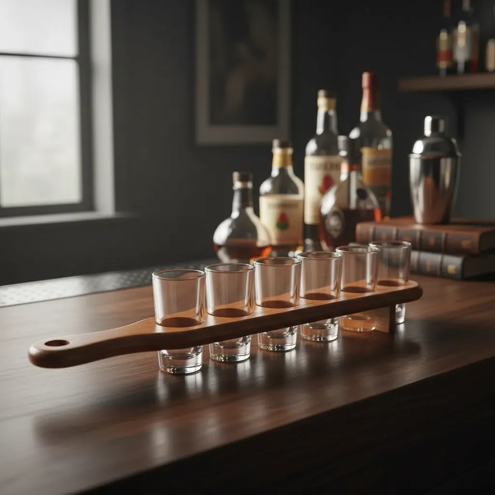 Set Vasos Shots X6 De Vidrio Con Base Madera Tequila 40ml