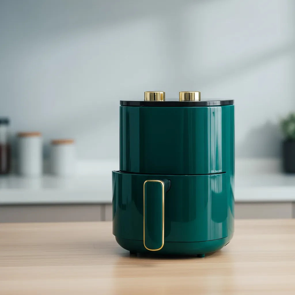 Green air fryer with gold accents on a kitchen counter