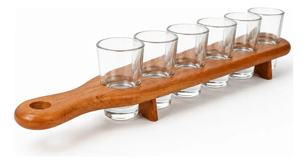 Set Vasos Shots X6 De Vidrio Con Base Madera Tequila 40ml