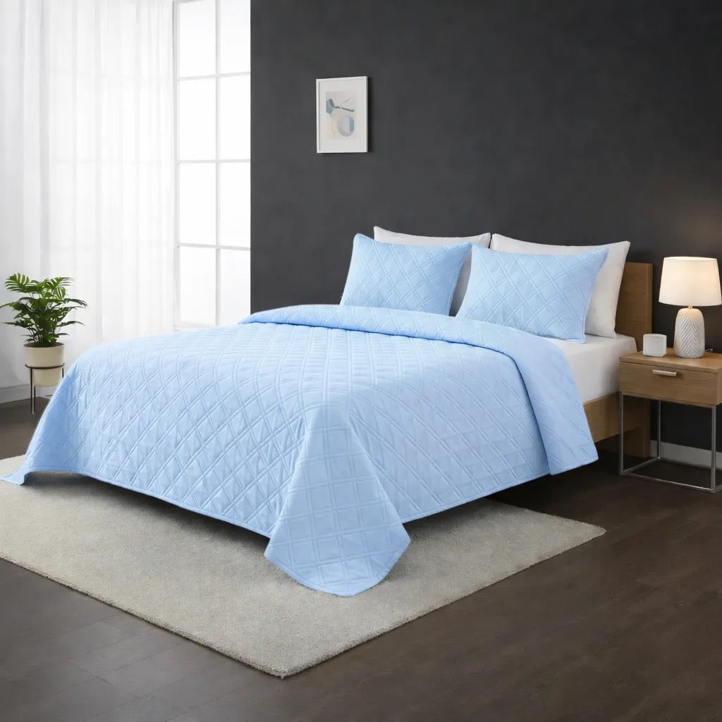 Cubrecama Colcha De 2 Plazas Azul + 2 Fundas Almohada + Bolsón