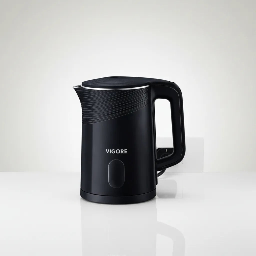 Black electric kettle with 'Vigore' branding on a white background