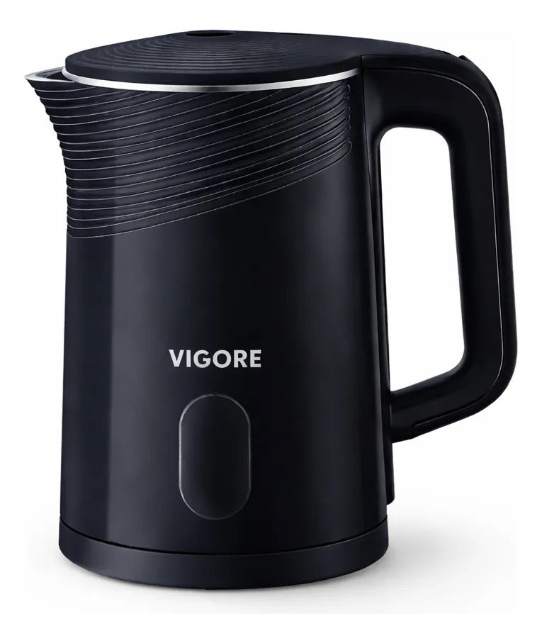 Black electric kettle with handle on a white background, branded 'Vigore'.