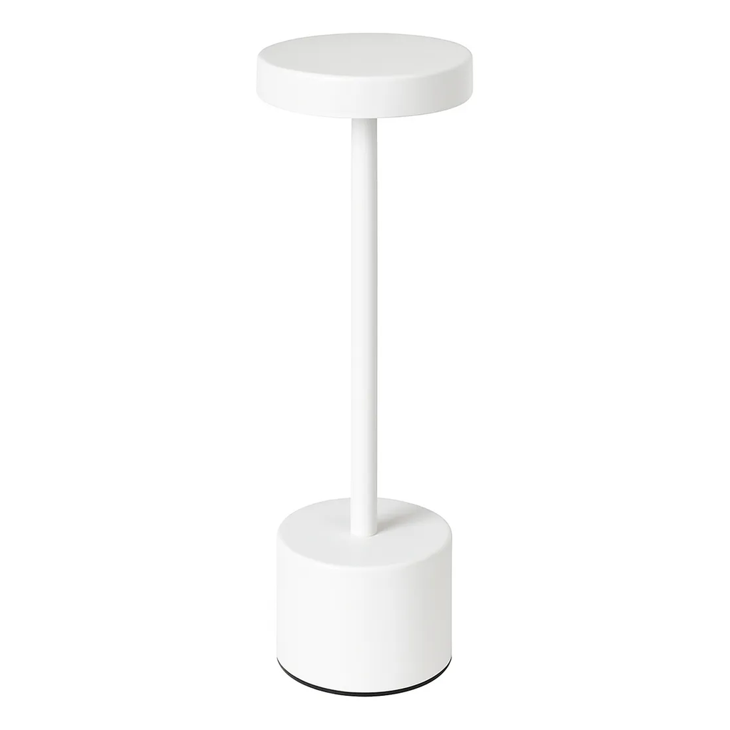 White cylindrical lamp with a round base on a white background